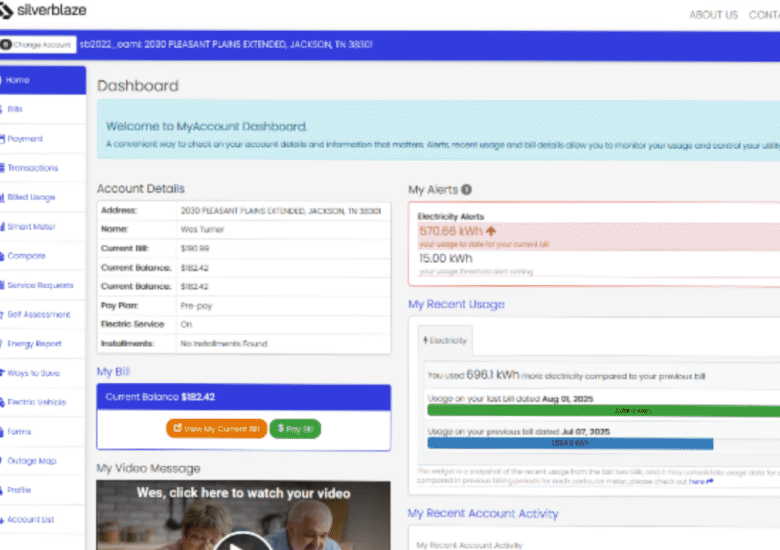 Silverblaze MyAccount dashboard showing account details, electricity alerts, current bill, and recent usage