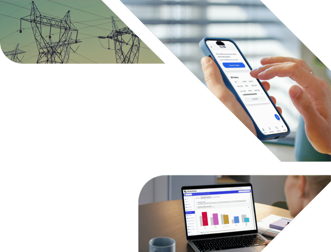 The Silverblaze customer portal on a laptop and the mobile app in a customer's hand
